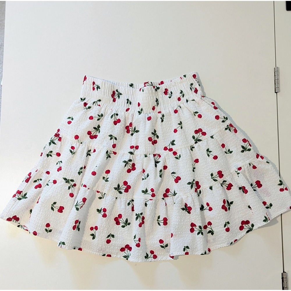 English Factory White Cherry Print Tiered Mini Skirt Smocked Seersucker XS